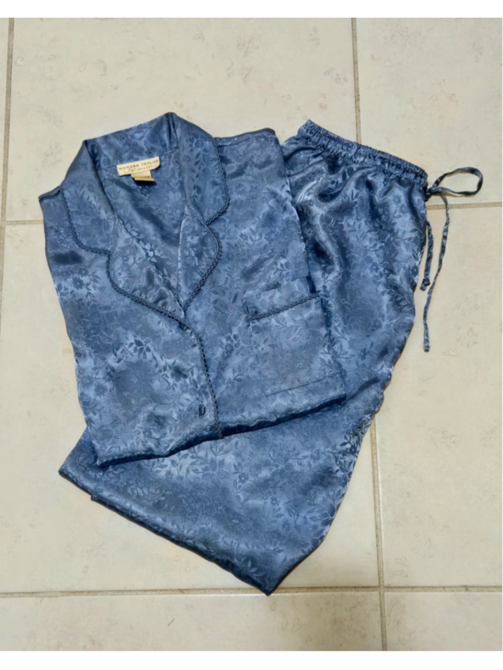 Vintage 90s Morgan Taylor Intimates Blue Satin Floral Jacquard Pajama Set M